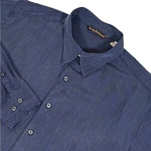 Tommy Bahama Mens XL Navy Blue Silk Tencel Micro Check Long Sleeve Button Shirt
